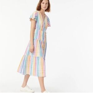 J.Crew Rainbow Gingham Flutter Sleeve, Faux Wrap Midi Dress, Size 10
